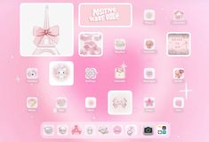 an image of a pink background with many different things on the screen, including buttons and icons