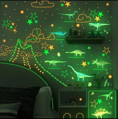 glow in the dark dinosaurs and stars wall decals for kids'rooms or playrooms