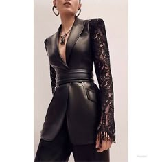 Alexander McQueen RUNWAY Lace Leather Black Lambskin Blazer  | eBay Peg Trousers, Belted Coat, Lace Sleeves, Blazers For Women, Couture Fashion, Look Fashion, Runway Fashion, Work Outfit, All Black