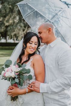 a bride and groom standing under an umbrella