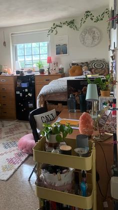 a cluttered room with lots of plants and other things on the table in it