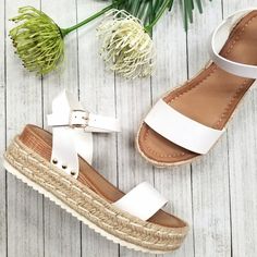 Step Out In These Adorable Summery Flatform Sandals New In Box Faux Leatherette Material Lightly Padded Insole Jute Wrapped Platform Sole Heel Height: 2.25 In. Fitting: True To Size. Regular Foot Width. Trendy White Adjustable Wedge Sandals, White Espadrille Sandals For Summer, White Platform Sandals For Summer Outings, Trendy White Espadrilles For Summer, White Espadrille Sandals For Vacation, White Synthetic Espadrilles For Summer, Trendy White Espadrilles For Vacation, White Synthetic Summer Espadrilles, White Espadrille Sandals With Cushioned Footbed