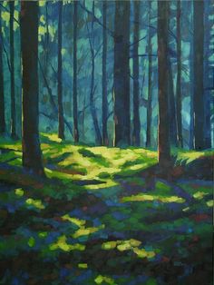 an oil painting of trees and grass in the woods