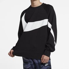 Men's Nike BIG SWOOSH Large Logo Round Neck Pullover Hoodie Black AR3089-012 Black Long Sleeve Sportswear Sweater, Black Long Sleeve Sweater For Sportswear, Black Long-sleeved Sportswear Sweater, Black Sportswear Sweater With Ribbed Cuffs, Black Crew Neck Sportswear Sweater, Black Crew Neck Sweater For Sportswear, Black Crew Neck Sweater Sportswear, Black Cotton Sportswear Sweater, Black Crew Neck Sweater In Sportswear Style