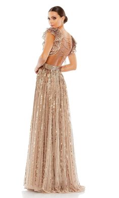 Ruffle cap sleeve sequin long a-line formal dress with open back and v-neckline. Cascade Skirt, Evening Gowns Online, Sleeve Construction, Neutral Dresses, Engagement Party Dresses, Spring Wedding Guest Dress, Formal Parties, Maid Of Honour Dresses, Beautiful Silhouette