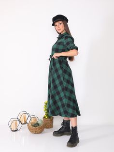 Women Cotton Buffalo Plaid Belt Lumberjack Dress Midi Winter Shirt Dress  Product Length: 120 cm Product Content: 95% Cotton, 5% Lycra Model Dimensions: Height: 1.73 cm Bust: 85 cm Waist: 63 cm Hips: 90 cm The product on the mannequin is size US 4 and TR S/36. dress, lumberjack, Lumberjack Dress, plaid dress, vintage, bufalo plaid, shirt dress, cotton dress, winter dress, casual dress, midi dress, midi shirt dress, winter plaid, women dress, casual midi dress, vintage dress, button down dress, rockability dress Casual Collared Winter Dress, Fall Cotton Shirt Dress With Short Sleeves, Cotton Short Sleeve Shirt Dress For Fall, Green Winter Dress With Button Closure, Short Sleeve Plaid Dress For Fall, Plaid Long Sleeve Midi Dress For Work, Casual Plaid Midi Dress For Fall, Green Casual Shirt Dress For Fall, Casual Green Shirt Dress For Fall