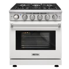 a white stove with four burners and two oven doors on each side, in front of a white background