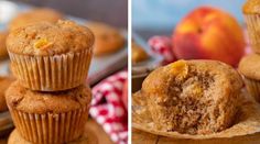 two pictures of muffins and an apple