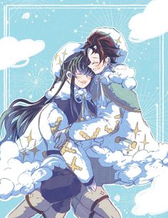 an anime character with long hair and blue eyes is hugging another character in the clouds