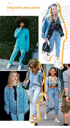 people walking down the street in denim outfits and sneakers, with text overlay that reads com outra peca jeans