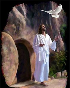 jesus standing in front of a cave with a dove