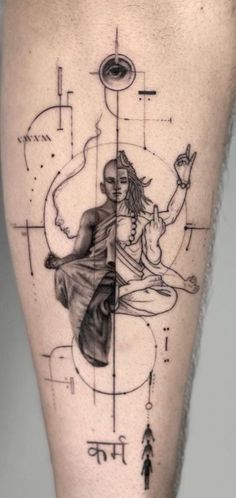 a man's leg with a tattoo on it and an image of a woman sitting in