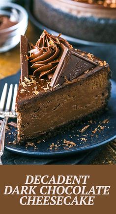 a slice of decadent dark chocolate cheesecake on a plate