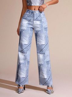 Blue  Collar  Denim  Wide Leg Embellished Non-Stretch  Women Clothing Trendy Mid-rise Bottoms With Patchwork, Trendy High Rise Patchwork Jeans, Trendy Straight Leg Patchwork Jeans, Non-stretch Denim Patchwork Pants, Non-stretch Patchwork Denim Pants, Trendy Medium Wash Patchwork Bottoms, Trendy High Waist Patchwork Jeans, Trendy High-waist Patchwork Jeans, Trendy High Rise Patchwork Pants