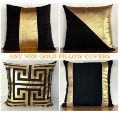 gold and black pillow covers are shown in three different angles, with the same color