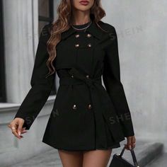 Size Medium Black Belted Pea Coat For Work, Fall Outerwear For Night Out With Buttons, Black Belted Long Pea Coat, Black Fitted Belted Blazer, Fitted Black Belted Blazer, Black Belted Double-breasted Pea Coat, Black Double-breasted Belted Pea Coat, Black Belted Pea Coat For Fall, Elegant Black Pea Coat For Spring