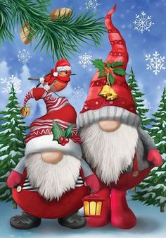 two gnomes are standing next to each other in front of a christmas tree with snowflakes