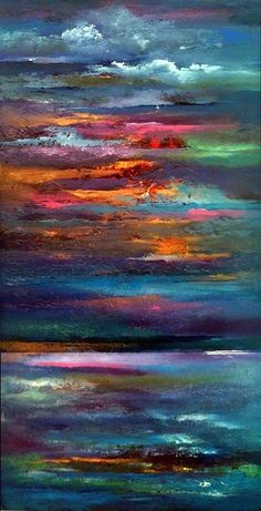 an abstract painting with blue, orange and pink clouds in the sky over water at sunset