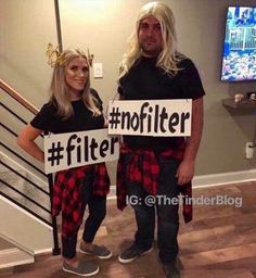 two people are dressed up in costumes and holding signs that read,'milleninal costume idea '