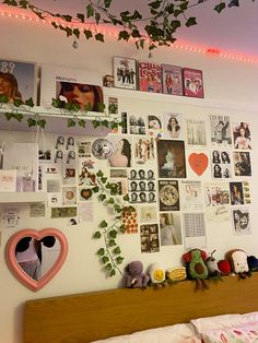 a wall with many pictures and plants on it