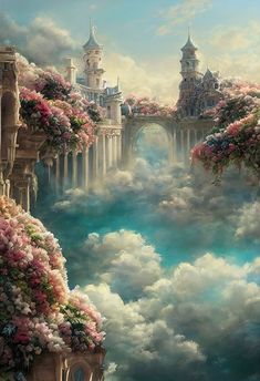 a painting of a castle in the sky with flowers growing out of it's windows