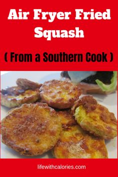 an air fryer fried squash recipe on a white plate with red background and text overlay