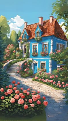 a painting of a blue house surrounded by flowers