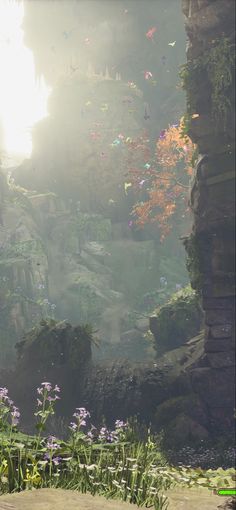 an animated scene with flowers and rocks in the foreground, sunlight shining through the trees