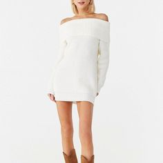 Forever 21 Ivory Off The Shoulder Sweater Dress Size Small New With Tags Sweater Dress With Boots, Off The Shoulder Sweater Dress, Dreamy Clothes, Ripped Sweater, Rush Outfits, Knot Sweater, Cashmere Sweater Dress, Velvet Sweater, Christmas Dresses