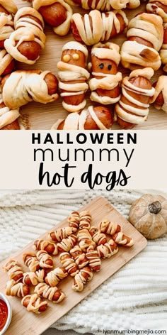 Halloween Mummy Hot Dogs - Easy and Cute Halloween Snack or Appetizer Idea! Halloween Appetizer Ideas, Halloween Mummy Hot Dogs, Savory Halloween Food, Mummy Hot Dogs, Halloween Themed Food