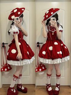 Outfit Halloween Ideas, Red Cute Dress, Mushroom Skirt, Mushroom Clothes, Mushroom Outfit, Mushroom Dress, Fair Outfits, Lolita Outfits, Dress Design Sketches