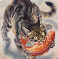 a painting of a cat holding a fish in it's mouth