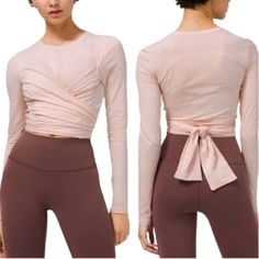 Give Yourself A Hug In This Soft Top. With Ties That Wrap Around Your Waist And Knot In The Back, Your Meditation Is As Snug As You Want It To Be. Breathable Pima Cotton Fabric Gives You The Ultimate In Softness And Stretch - 92% Pima Cotton / 8% Lycra Elastane - Soft - Stretchy - Breathable - Designed For: On The Move - Lycra: Added Lycra Fibre For Stretch And Shape Retention - Fit: Classic Fit, Cropped Length - Size: 8 - Color: Feather Pink This Lululemon 'Gather And Grow' Long Sleeve Shirt Co Lululemon Long Sleeve Shirts, Baby Pink Color, Lululemon Long Sleeve, Baby Pink Colour, Soft Tops, Red Shirt, Lululemon Women, Pima Cotton, Long Sleeve Shirt