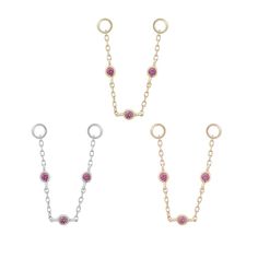 We celebrate how genuine and unique you are - and your jewelry should be too! Wear this gorgeous genuine pink sapphire chain with all your fave gemstones and opals for next level stunning results! Details Jump rings fits 18g and 16g Chain length: 26mm Gemstone: (3) 1.3mm round bezel set Pink Sapphires Solid 14k Gold - Available in Yellow, White & Rose Sold as a single Please note: While we make all our products with the highest integrity and quality, Chains are inherently delicate by nature. If Pink Cable Chain Jewelry Gift, Pink Link Jewelry With Adjustable Chain, Pink Link Jewelry For Gifts, Silver Pink Sapphire Birthstone Jewelry, Dainty Pink Gold Gemstone Jewelry, 14k Gold Pink Gemstone Jewelry, Pink 14k Gold Jewelry With Gemstone Accents, Dainty Pink Sapphire Gemstone Jewelry, Dainty Pink Sapphire Jewelry