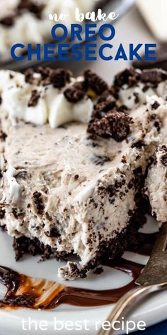 an oreo cheesecake on a plate with a fork