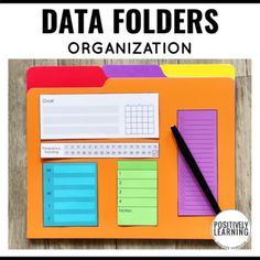 a clipboard with sticky notes and folders on it that says data folders organization