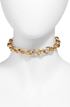 A gleaming choker necklace offers bold shine with chunky interlocking links finished in 24-karat gold plate. 12" length; 3" extender Lobster clasp closure 24k-gold plate/14k-gold fill Made in the USA Gold Chain Link Choker, Gold Tarnish-resistant Choker, Gold Link Metal Choker, Gold Chunky Chain Link Choker, Yellow Gold Chunky Chain Choker, Child Of Wild, Gold Choker Necklace, Chain Choker Necklace, Wild Child