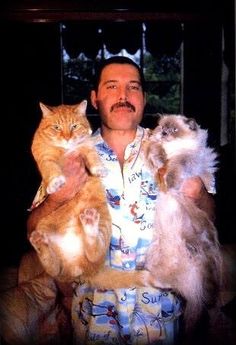 a man holding two cats in his arms