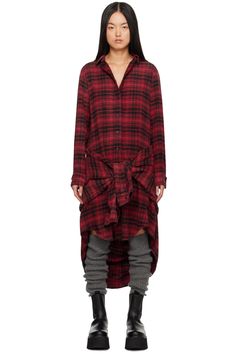 R13: Red Tie Midi Dress | SSENSE Cotton Dress With Belted Cuffs For Fall, Red Long Sleeve Plaid Dress, Plaid Shirt Dress With Buttons For Fall, Fall Plaid Shirt Dress With Buttons, Long Sleeve Plaid Dress For Fall Daywear, Red Shirt Dress For Workwear In Fall, Red Shirt Dress For Fall Workwear, Red Shirt Dress For Fall, Red Shirt Dress For Work In Fall