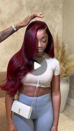 DAILY DOSE OF HAIR™️ on Instagram: "Hair by @naturallylaced on @taveionn 🪭🍒🪭🍒🪭  #frontalinstall #explore" Red Highlights On Burgundy Hair, Two Toned Red Hair Black Women, Red Hair Color For Black Women, Deep Red Wig Black Women, Wine Color Hair Black Women, Red Birthday Hairstyles For Black Women, Hairstyles For Black Women Braids Color, Wigs Black Women Color, Red Closure Sew In