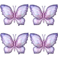 four purple butterflies are shown in three different positions, each with wings spread out to the side