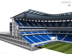 an artist's rendering of the inside of a soccer stadium with blue seats and green field