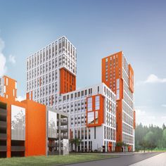 an artist's rendering of two buildings with orange and white accents