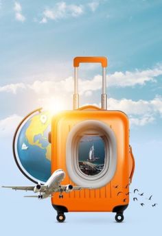 an orange piece of luggage sitting on top of a blue sky with a plane flying over it