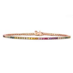 Experience color in the best way with our most coveted 14K gold tennis bracelet. 2.15Cts of semi-precious and precious stones are set in a stunning array that plays on color. Luxury Multicolor Multi-stone Tennis Bracelet, Rainbow Tennis Bracelet, Tenis Bracelet, Gold Tennis Bracelet, Bling Ring, Rainbow Gemstones, Bling Rings, Tennis Bracelet, Precious Stones