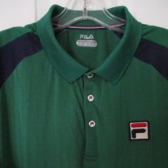 Fila Mens S/S Green Golf Tennis Polo Shirt. Size Large*. Armpit-To-Armpit 24", Length 30". 100% Polyester In Green/Navy. *Labeled "Xl" However Measurement & Actual Fit More Appropriately "Large". New W/O Tags, Suitable For Gifting. Tennis Polo Shirt, Tennis Polo, Athletic Shirts, Sports Design, Tennis, Polo Shirt, Golf, Mens Shirts, Man Shop