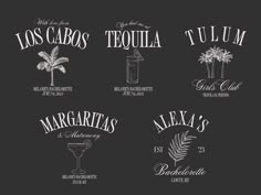 four different logos for margaritas, tequila and barbequette on a black background