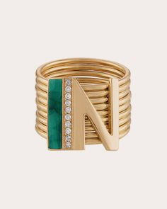 Set atop a nine-band shank, this 14-karat gold ring decorates the initial of your choosing with inlaid malachite and genuine diamond details. From Eden Presley's Mantra Collection. 14k gold, malachite and diamond Carat: 0.07-0.08 ctw Diamond color: G-H Diamond clarity: VS1 Polish with soft cloth Made in the USA Green Rings, Initial Ring, Diamond Carat, Diamond Color, Diamond Clarity, Black Onyx, Mantra, Ring Sets, Colored Diamonds