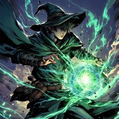 an image of a wizard holding a green ball in his hand and wearing a hat