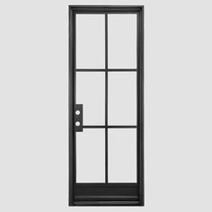 an open glass door on a gray background with black frame and metal latch, showing the side panel